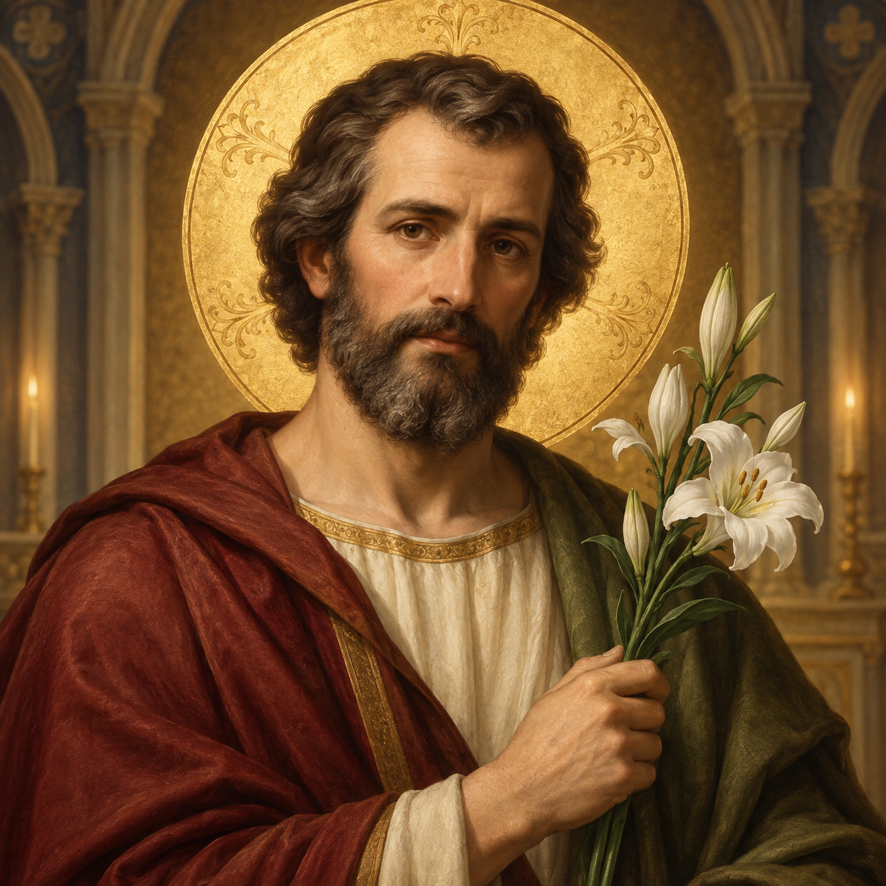 Retrato ilustrado de San José con lirios blancos